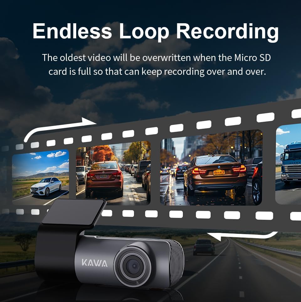 KAWA 1296P Front Car Dashcam, Mini Camera for Cars with Application, WiFi, WDR Night Vision, 360° Rotating, 135° View Angle, 24H Parking Monitoring, G-Sensor, D5