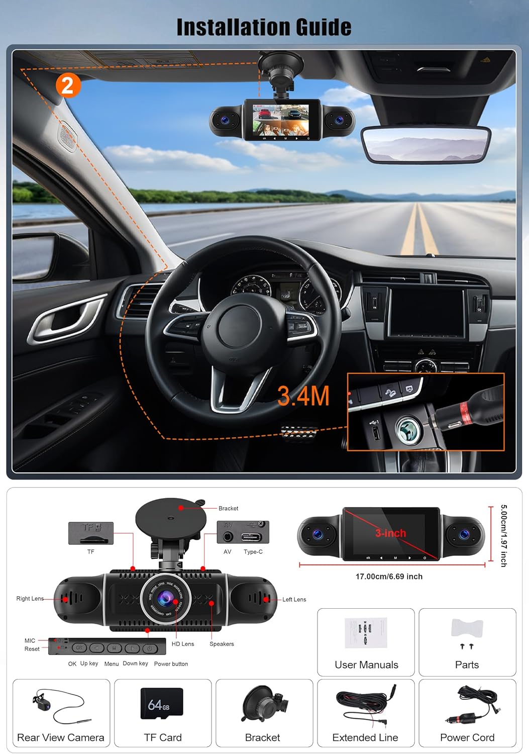 Dashcam 4x1080P Dash Cam Front Left Right Rear Dash Cam with WiFi GPS 3 Inch Dashcam with 64G Card, Loop Recording, Night Vision, G-Sensor, 24H Parking Mode