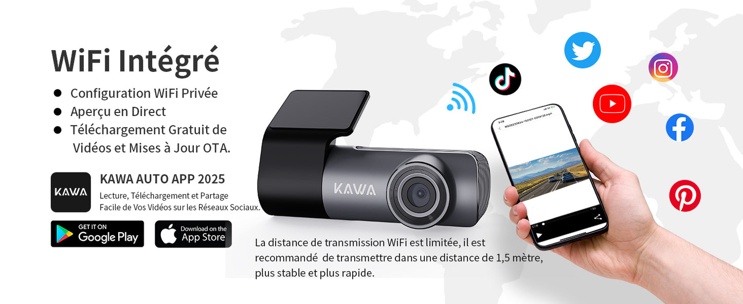KAWA 1296P Front Car Dashcam, Mini Camera for Cars with Application, WiFi, WDR Night Vision, 360° Rotating, 135° View Angle, 24H Parking Monitoring, G-Sensor, D5