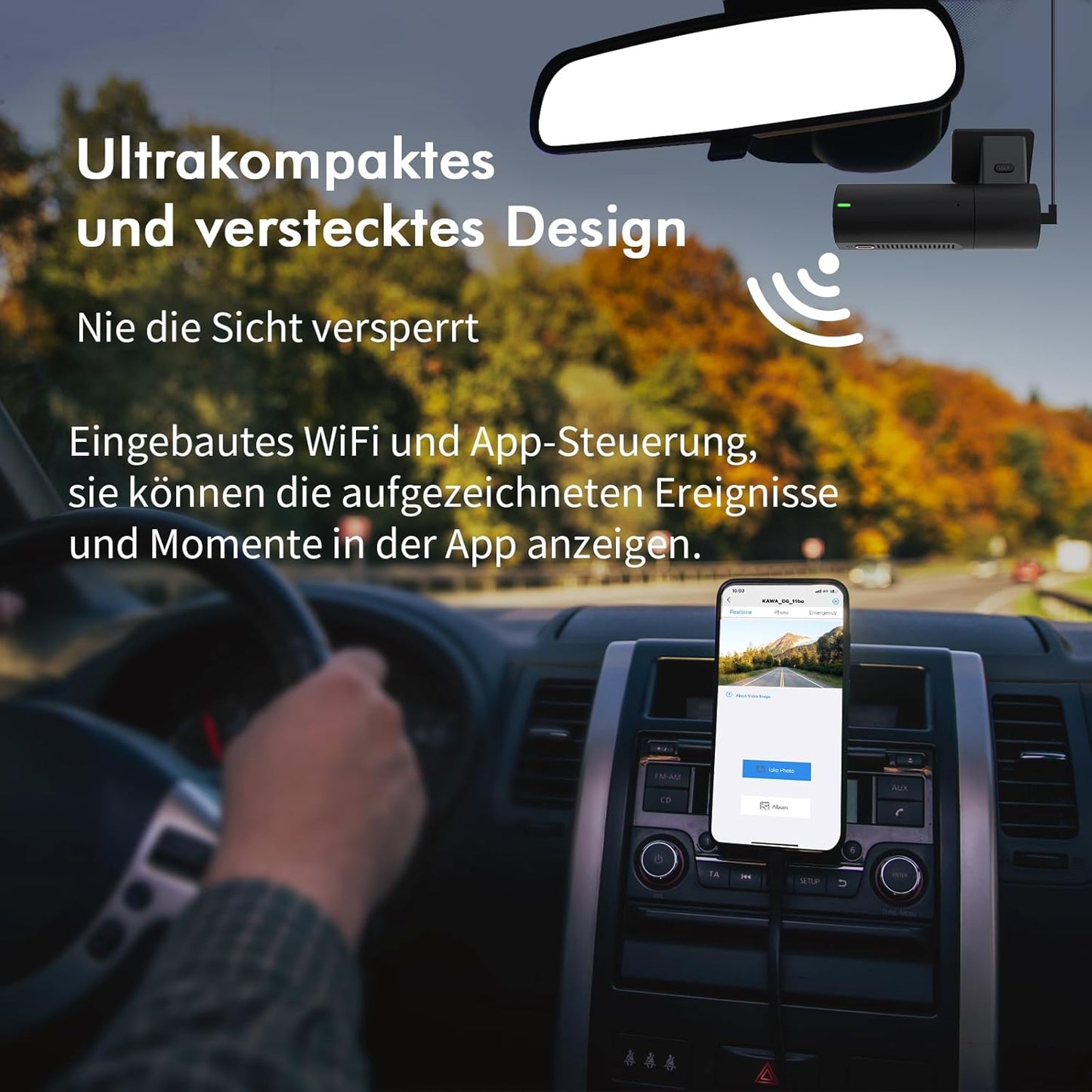 KAWA 2K Car Dashcam, Mini In-Car Camera, Full QHD 1440p WiFi Dashcam, Super Night Vision, 145° Wide Angle, G-Sensor, WDR, Cyclic Recording, Up to 256G, D6