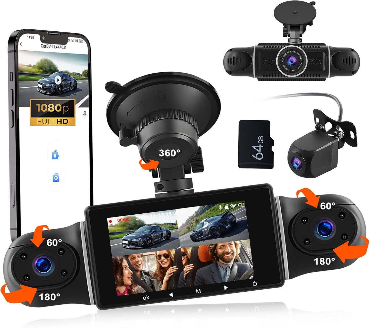 Dashcam 4x1080P Dash Cam Front Left Right Rear Dash Cam with WiFi GPS 3 Inch Dashcam with 64G Card, Loop Recording, Night Vision, G-Sensor, 24H Parking Mode