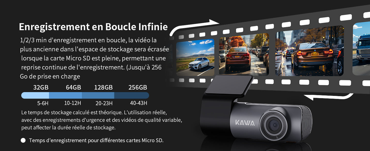 KAWA 1296P Front Car Dashcam, Mini Camera for Cars with Application, WiFi, WDR Night Vision, 360° Rotating, 135° View Angle, 24H Parking Monitoring, G-Sensor, D5