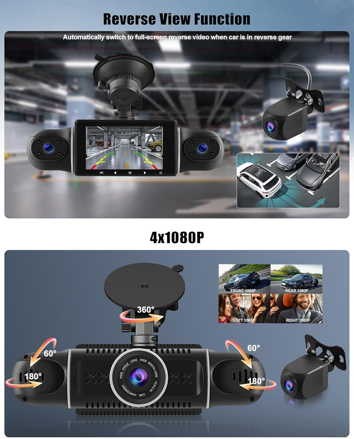Dashcam 4x1080P Dash Cam Front Left Right Rear Dash Cam with WiFi GPS 3 Inch Dashcam with 64G Card, Loop Recording, Night Vision, G-Sensor, 24H Parking Mode
