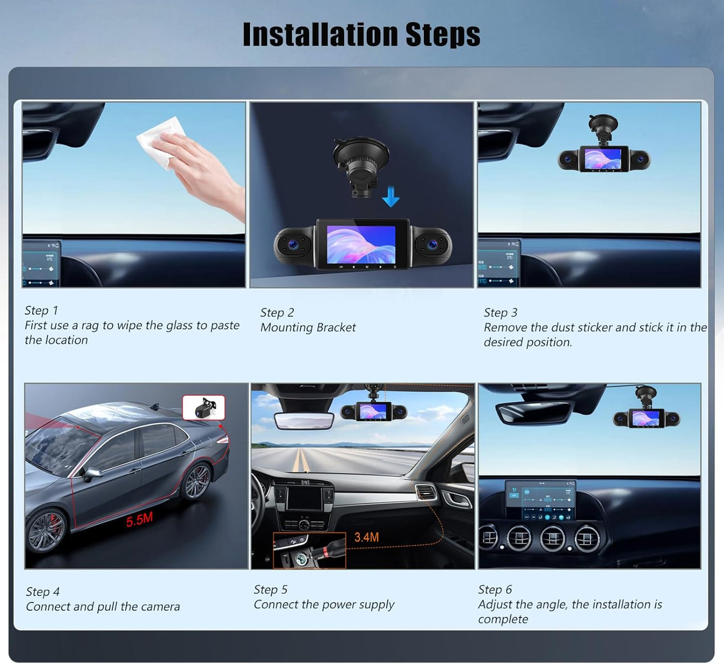 Dashcam 4x1080P Dash Cam Front Left Right Rear Dash Cam with WiFi GPS 3 Inch Dashcam with 64G Card, Loop Recording, Night Vision, G-Sensor, 24H Parking Mode