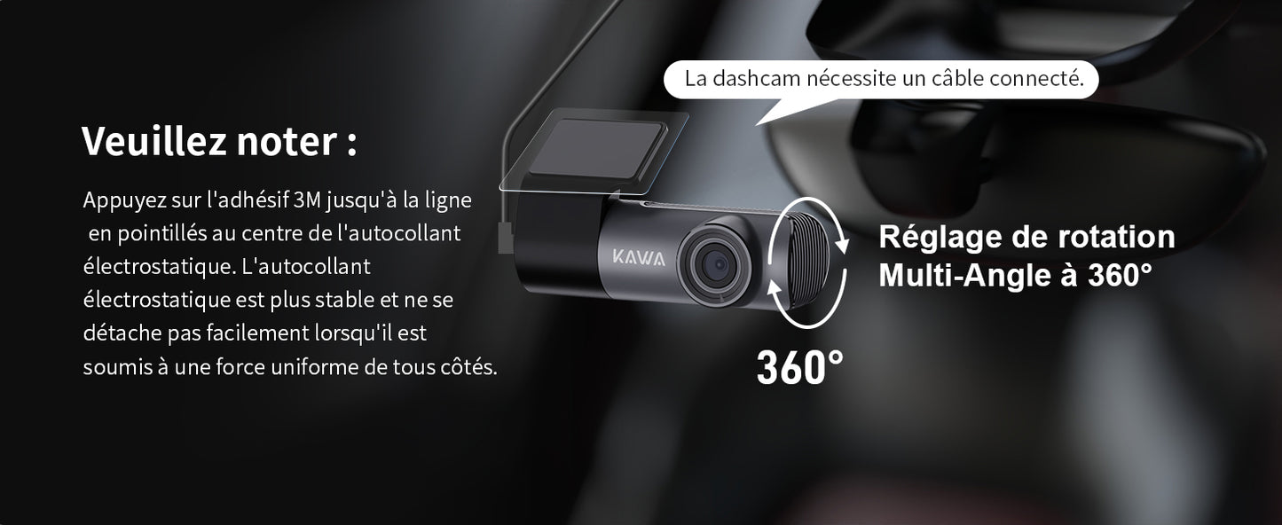 KAWA 1296P Front Car Dashcam, Mini Camera for Cars with Application, WiFi, WDR Night Vision, 360° Rotating, 135° View Angle, 24H Parking Monitoring, G-Sensor, D5