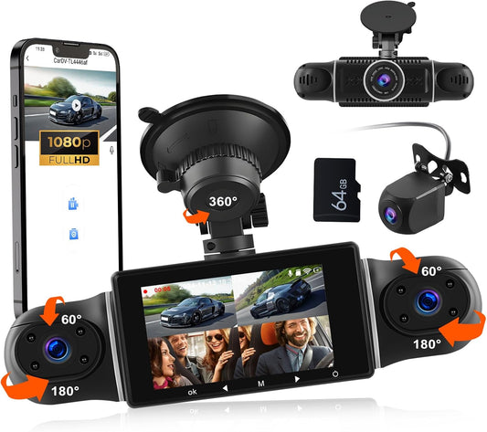 Dashcam 4x1080P Dash Cam Front Left Right Rear Dash Cam with WiFi GPS 3 Inch Dashcam with 64G Card, Loop Recording, Night Vision, G-Sensor, 24H Parking Mode