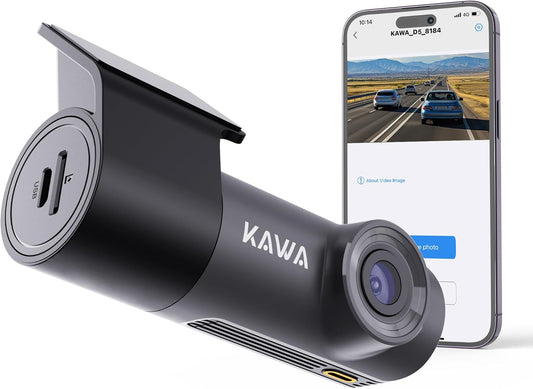 KAWA 1296P Front Car Dashcam, Mini Camera for Cars with Application, WiFi, WDR Night Vision, 360° Rotating, 135° View Angle, 24H Parking Monitoring, G-Sensor, D5