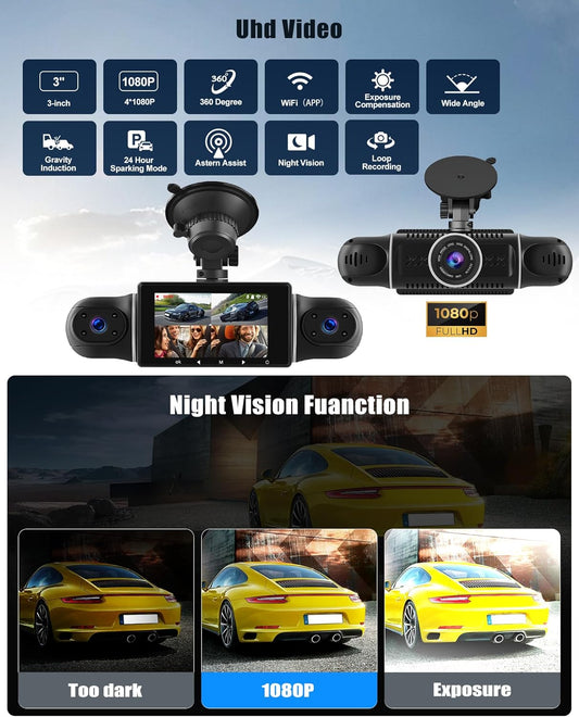 Dashcam 4x1080P Dash Cam Front Left Right Rear Dash Cam with WiFi GPS 3 Inch Dashcam with 64G Card, Loop Recording, Night Vision, G-Sensor, 24H Parking Mode